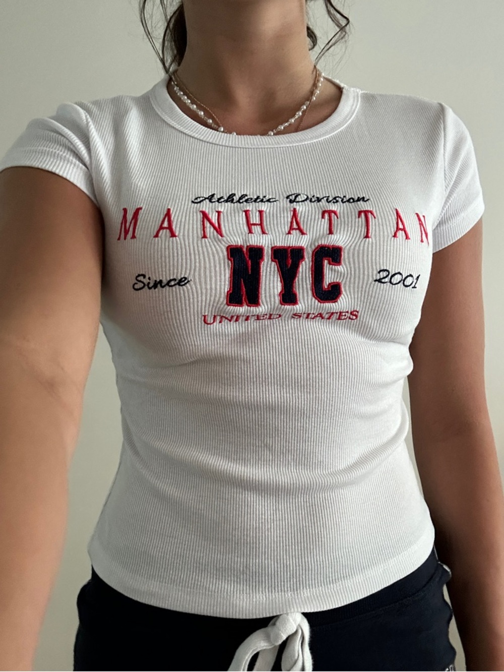 Harper White Ribbed Short Sleeve Tee with Red & Navy NYC Embroidery
